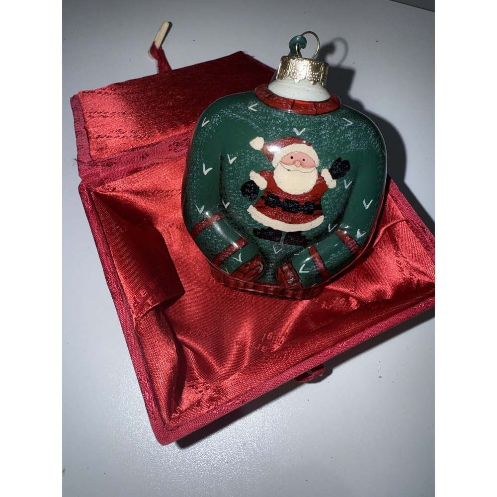 Vintage Inside Art by Figi Hand Painted Glass Ornament, Green‎ Santa Sweater G